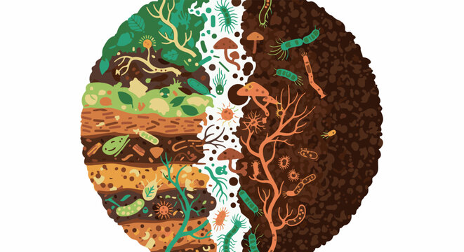 Colorful illustration of soil layers teeming with diverse micro-organisms and plant roots