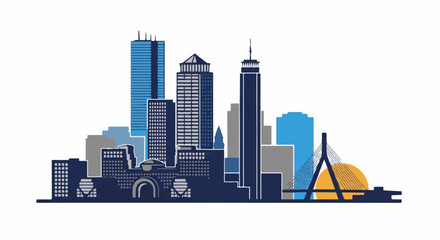 Fototapeta premium Stylized skyline with tall buildings, bridge, and sun
