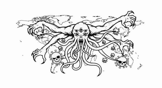 Monstrous entity with tentacles over world map, surrounded by virus-skulls