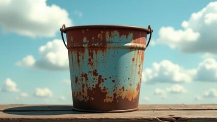 Fototapeta premium A rustic bucket sits atop a worn wooden table, awaiting use or repurposing