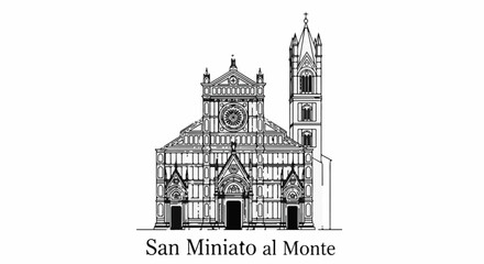 Fototapeta premium Line drawing of an ornate church facade with a tall bell tower on the right