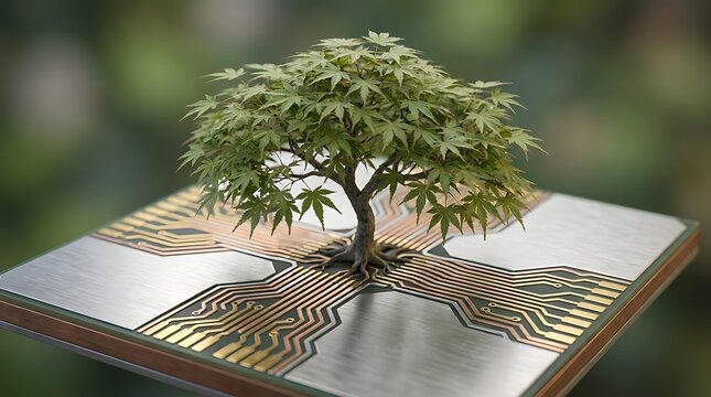Pohon Tumbuh di Papan Sirkuit Teknologi Hijau Konsep Inovasi