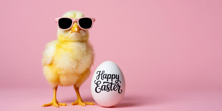 Cute easter chick wearing sunglasses with happy easter egg on pink background.