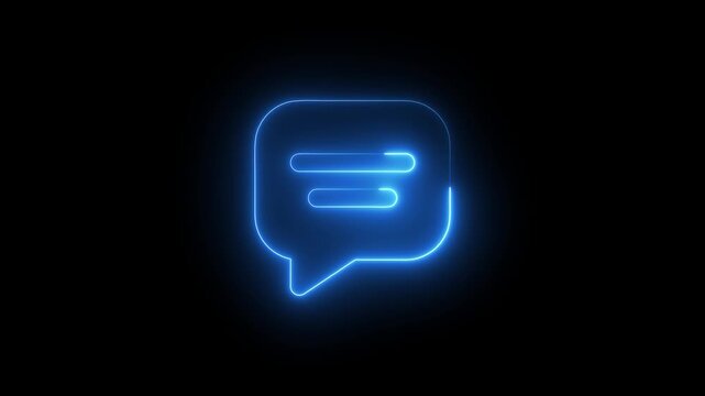 Vibrant blue neon message icon glowing with electric energy in a minimalist digital void 4K motion graphics, A striking minimalist animation featuring a glowing blue neon speech bubble icon centered 