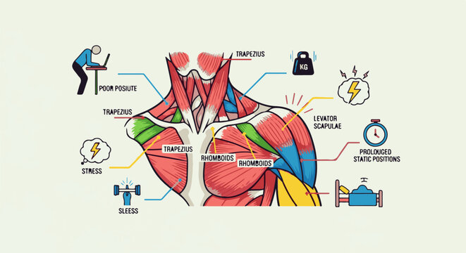 Anatomical illustration of upper body muscles and contributing factors