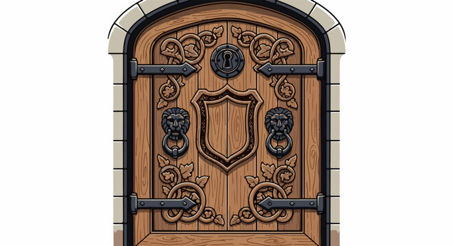 Ornate wooden door with lion knockers and shield emblem