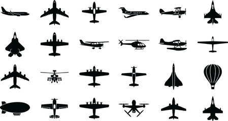 aviation airplane icon collection, aircraft silhouettes including passenger jet fighter plane helicopter cargo airplane propeller aircraft and balloon vector isolated on transparent background © Kateryna