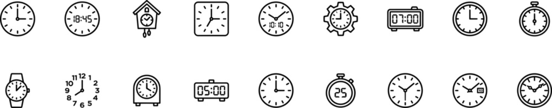 clock and time icons set including analog clock digital clock stopwatch alarm clock wristwatch wall clock and cuckoo clock vector outline collection isolated on transparent background