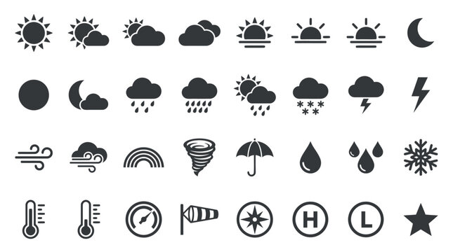 Set of weather icons, ideal for use in weather forecasts, apps, and various design projects