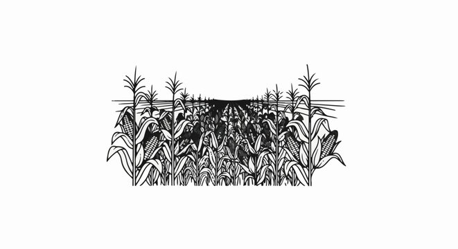 A stylized black and white drawing of a vast cornfield stretching into the horizon