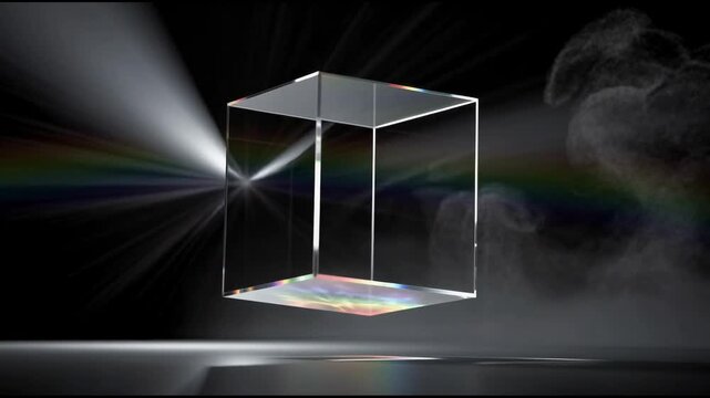 Transparent glass cube refracting light with rainbow colors on dark background artistic concept