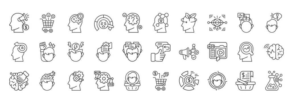 Neuromarketing Icon set Collection in Line Style. consumer, behavior, brain, activity, emotion, decision, psychology