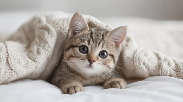 Cute kitten snuggled under a cozy knitted blanket in a warm indoor setting, showcasing adorable features and captivating innocent eyes.