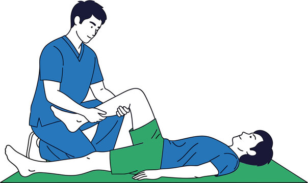 Professional physical therapist guiding a male patient through a leg flexion exercise, promoting recovery and mobility during a rehabilitation session in a clinic setting