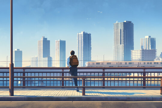 back view of a Asian male runner, running across a bridge in Japan, with high-rise buildings in the background