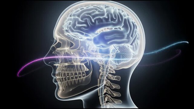 Human brain anatomy with transparent skull and glowing neural connections medical illustration