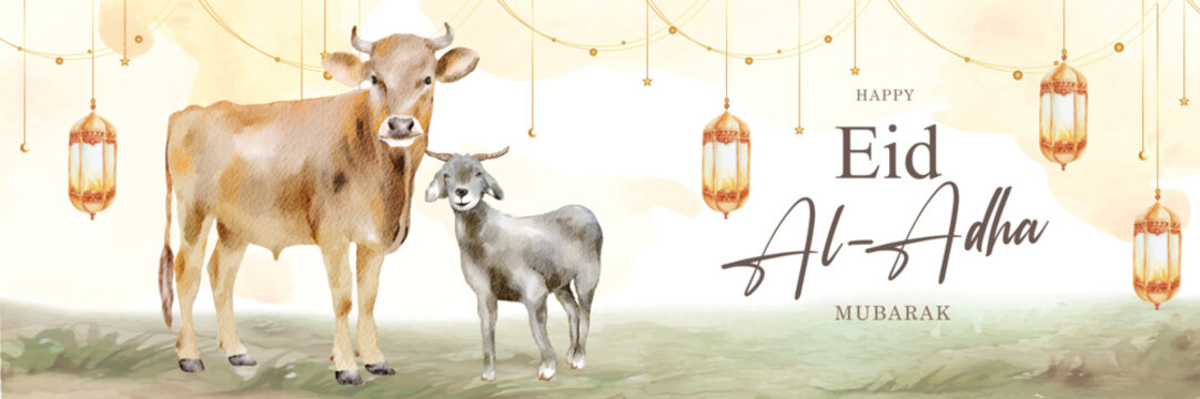Eid ul Adha 2026 Greeting Card with Cow and Goat Illustration