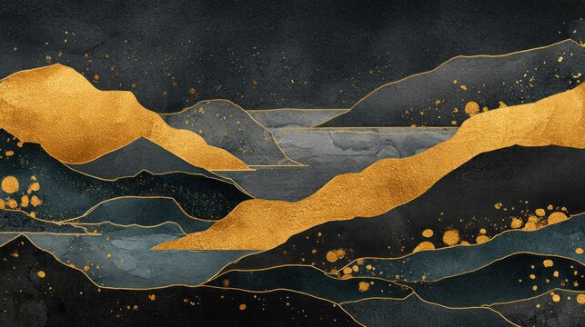 Layered landscape with deep indigo and shimmering gold textures suggests abstract terrain and water bodies