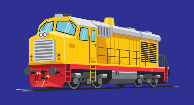 Yellow diesel locomotive vector illustration, heavy freight train engine on blue background, industrial railway transport vehicle icon