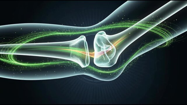 Digital illustration of human arm bones with glowing green energy flow highlighting joint and nerve connection