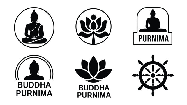 Black and white buddhist symbols logo pack featuring buddha lotus flower and dharma wheel icons in minimalist design style