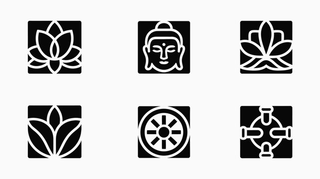 Minimalist svg logo bundle featuring stylized lotus flowers serene buddha face dharma wheel and abstract cross like designs