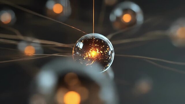 Close-up of glass orbs hanging on fine wires, a central sphere catching warm orange light while other orbs blur in a dark background, forming a delicate, futuristic chandelier glow, softly
