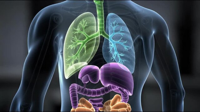 3D medical illustration of human respiratory and digestive organs showing lungs liver and intestines
