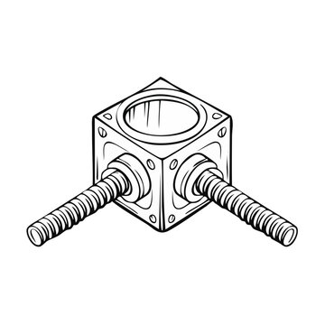 Industrial Mechanical Cube with Threaded Rods Emerging from Sides, Technical Drawing