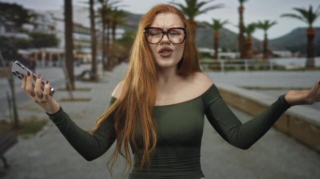 Redhead woman wearing glasses and off shoulder green top holding smartphone and shrugging with palms up on a street; frustration inconvenience.