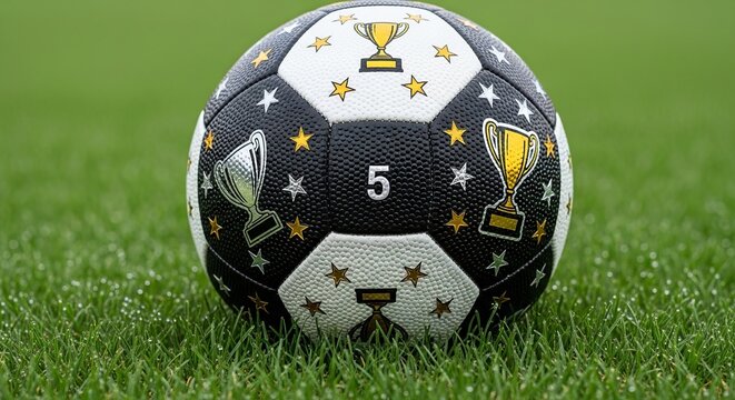 Soccer Ball with Number 5 and Trophy Icons on Lush Green Grass - Sports Victory and Ranking Concept