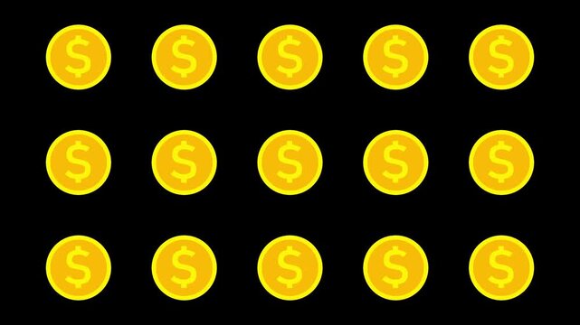 Seamless Gold Coin Pattern Animation Loop for Wealth Concept with Alpha Channel. Animation video 4K