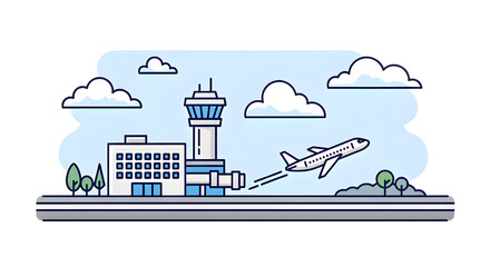Fototapeta premium Modern Airport Terminal and Airplane Takeoff Illustration - Flat Line Art