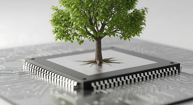 Pohon Tumbuh di Atas Chip Komputer Konsep Teknologi Hijau