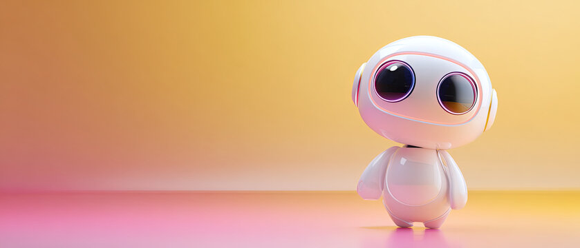 Adorable white robot with large glossy eyes stands on a vibrant yellow and pink gradient background, ideal for tech, AI, and innovation themes.