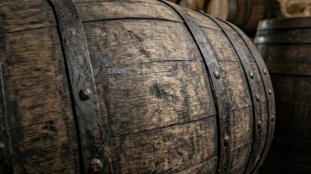 A wooden barrel with metal studs in close-up, weathered oak texture, dark iron accents and artisanal detail expressing tradition, endurance and timeless craftsmanship, ultra-realistic, no logos.