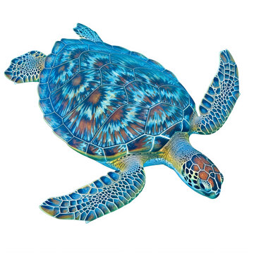Vibrant sea turtle with intricate mosaic pattern on its shell isolated on transparent background