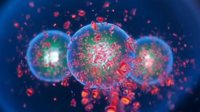 Close-up view of glowing cancer cells being destroyed, showcasing the progressive destruction of cells with visible red particles in a dark background