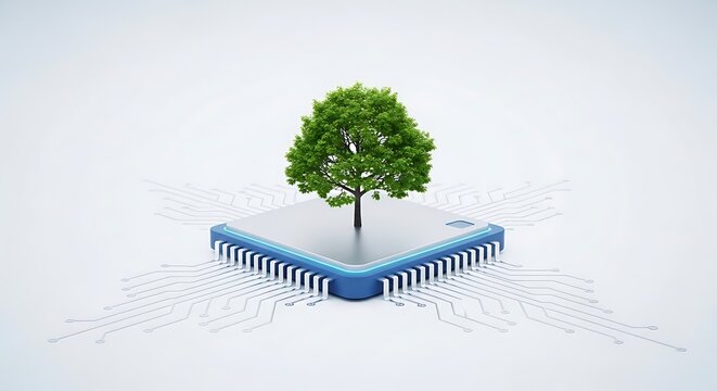 Pohon Hijau Tumbuh di Atas Mikrochip Komputer Konsep Teknologi Hijau
