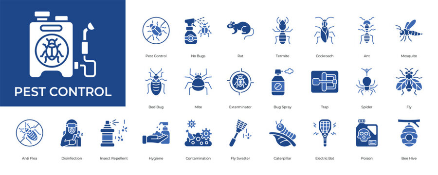 Pest Control Icon set Collection in Glyph Two Color Style. insecticide, hygiene, bugs, rat, termite, pesticide, animal