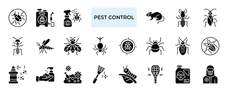Pest Control Icon set Collection in Solid Glyph Style. insecticide, hygiene, bugs, rat, termite, pesticide, animal