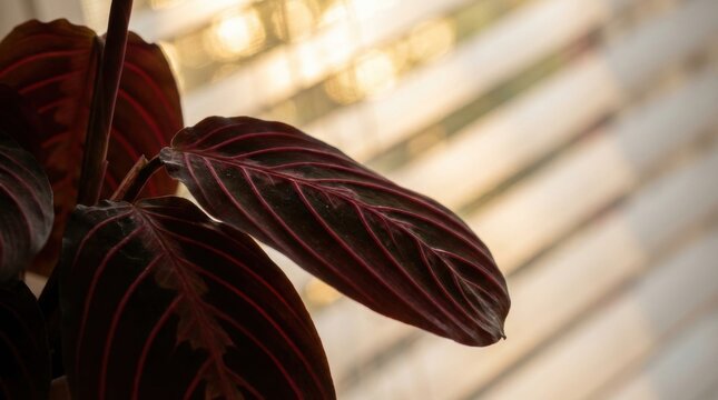 Close-up shot of a prayer plant with striking red and green patterned leaves, indoor setting.