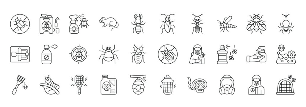 Pest Control Icon set Collection in Line Style. insecticide, hygiene, bugs, rat, termite, pesticide, animal