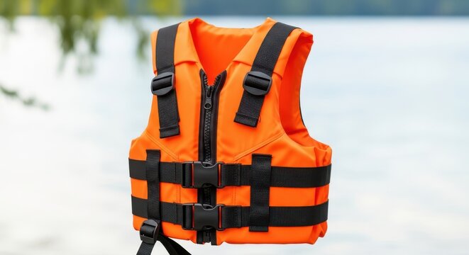 Bright orange life jacket with secure black straps for water safety