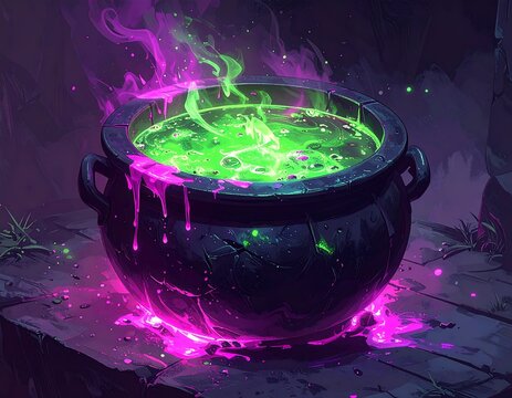 Bubbling cauldron with glowing green liquid and purple smoke