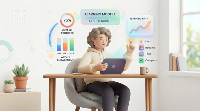 Student using laptop with online learning dashboard and progress analytics concept illustration