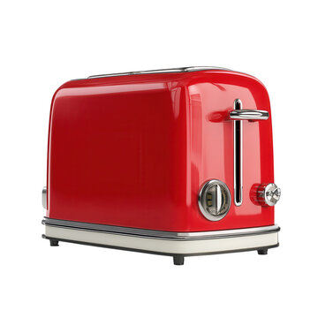 Bright red toaster sits on a kitchen counter ready to toast bread in a modern home setting on transparent background