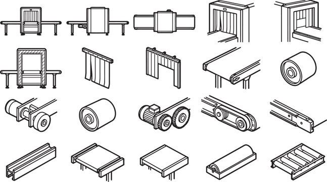 Conveyor belt system: A comprehensive collection of conveyor belt system components. Industrial design for manufacturing process.