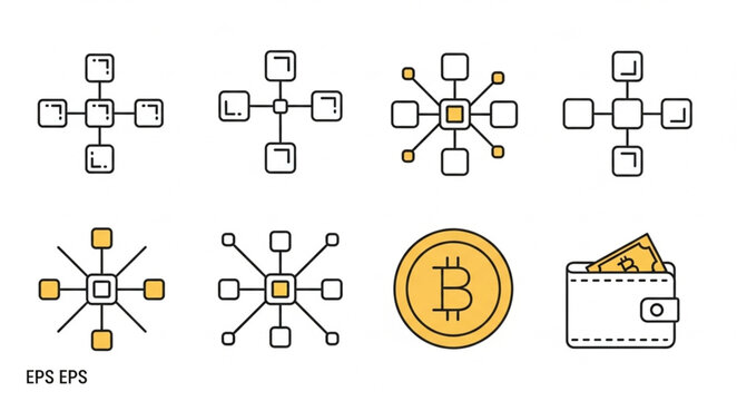 Blockchain network nodes and cryptocurrency wallet icons.