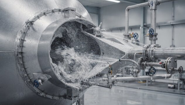 Medium shot capturing venturi scrubber operation with visible turbulent gasliquid mixing highlighting spray nozzles and piping in a clean industrial setting.